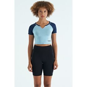 Tommy Life 97270 Açık Mavi Renk Bloklu Logo Baskılı O Yaka Dar Kalıp Kadın Crop T-Shirt