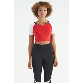 Tommy Life 97270 Kırmızı Renk Bloklu Logo Baskılı O Yaka Dar Kalıp Kadın Crop T-Shirt