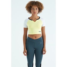Tommy Life 97270 Limon Renk Bloklu Logo Baskılı O Yaka Dar Kalıp Kadın Crop T-Shirt