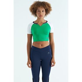 Tommy Life 97270 Yeşil Renk Bloklu Logo Baskılı O Yaka Dar Kalıp Kadın Crop T-Shirt