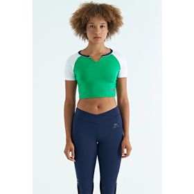Tommy Life 97270 Yeşil Renk Bloklu Logo Baskılı O Yaka Dar Kalıp Kadın Crop T-Shirt