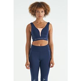 Tommy Life 97271 Indigo Yazı Baskılı Renk Bloklu Dar Kalıp Dalgıç Kumaş Kadın Büstiyer