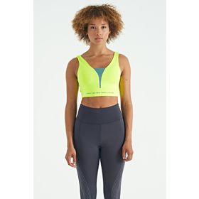 Tommy Life 97271 Neon Sarı Yazı Baskılı Renk Bloklu Dar Kalıp Dalgıç Kumaş Kadın Büstiyer