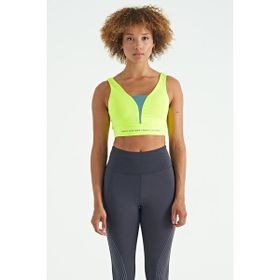 Tommy Life 97271 Neon Sarı Yazı Baskılı Renk Bloklu Dar Kalıp Dalgıç Kumaş Kadın Büstiyer