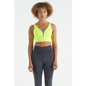 Tommy Life 97271 Neon Sarı Yazı Baskılı Renk Bloklu Dar Kalıp Dalgıç Kumaş Kadın Büstiyer