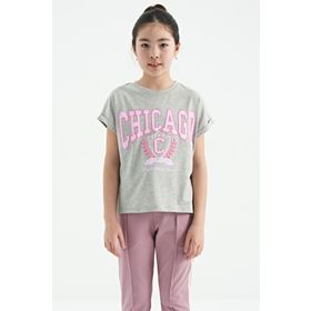 Tommylife 75128 Gri Melanj O Yaka Düşük Omuzlu Rahat Form Kısa Kollu Kız Çocuk T-Shirt