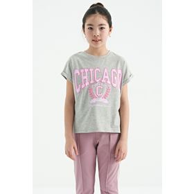 Tommylife 75128 Gri Melanj O Yaka Düşük Omuzlu Rahat Form Kısa Kollu Kız Çocuk T-Shirt