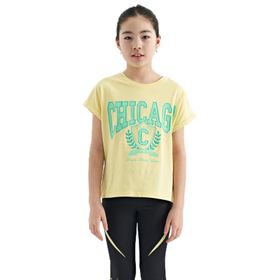 Tommylife 75128 Sarı O Yaka Düşük Omuzlu Rahat Form Kısa Kollu Kız Çocuk T-Shirt