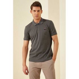 Tommylife 87748 Koyu Gri Basic Logolu Standart Kalıp Triko Polo Yaka Erkek T-Shirt