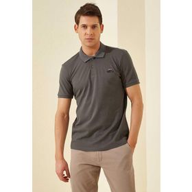 Tommylife 87748 Koyu Gri Basic Logolu Standart Kalıp Triko Polo Yaka Erkek T-Shirt