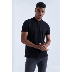 Tommylife 87748 Siyah Basic Logolu Standart Kalıp Triko Polo Yaka Erkek T-Shirt