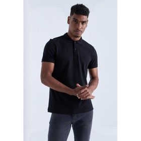 Tommylife 87748 Siyah Basic Logolu Standart Kalıp Triko Polo Yaka Erkek T-Shirt