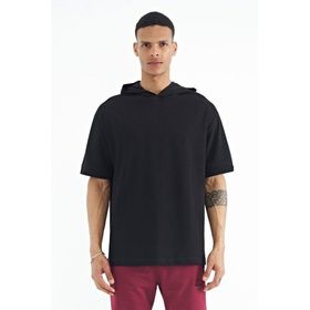 Tommylife 88179 Siyah Kapüşonlu Kol Etiket Detaylı Oversize Erkek T-Shirt