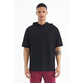 Tommylife 88179 Siyah Kapüşonlu Kol Etiket Detaylı Oversize Erkek T-Shirt