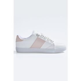 Tommylife 89202 Beyaz Pembe Bağcıklı Şerit Detaylı Suni Deri Kadın Spor Ayakkabı