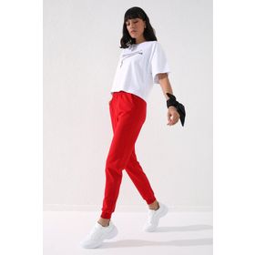 Tommylife 94561 Kırmızı Yüksek Bel Jogger Rahat Form Manşetli Kadın Eşofman Alt