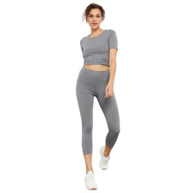 Tommylife 95285 Siyah Yüksek Bel Kapri-Crop T-Shirt Slim Fit Kadın Tayt Takım