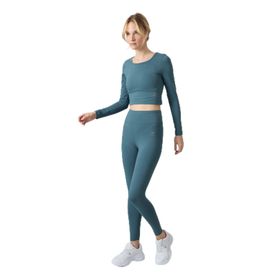 Tommylife 95286 Siyah Yüksek Bel Uzun Kollu Slim Fit Crop Top Kadın Tayt Takım