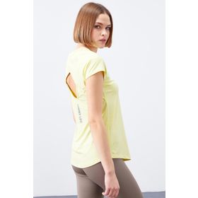 Tommylife 97101 Limon Kadın Sırt Pencereli Kısa Kol Standart Kalıp O Yaka Sarı Kadın T-shirt