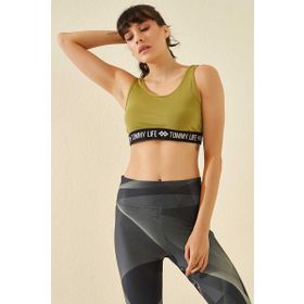 Tommylife 97113 Yağ Yeşili Yazı Şeritli Standart Kalıp U Yaka Kadın Spor Büstiyer