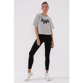 Tommylife 97136 Asimetrik Yazı Baskılı Oversize O Yaka Gri Melanj Kadın T-shirt