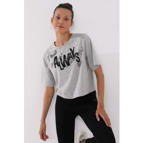 Tommylife 97136 Asimetrik Yazı Baskılı Oversize O Yaka Gri Melanj Kadın T-shirt
