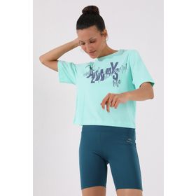 Tommylife 97136 Asimetrik Yazı Baskılı Oversize O Yaka Mint Yeşili Kadın T-shirt