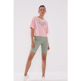 Tommylife 97136 Asimetrik Yazı Baskılı Oversize O Yaka Pembe Kadın T-shirt