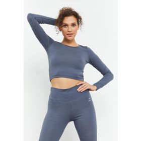 Tommylife 97150 Petrol Uzun Kollu Dar Kalıp O Yaka Crop Top Kadın T-Shirt