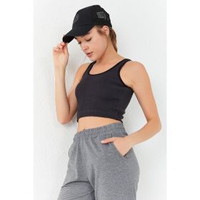 Tommylife 97160 İndigo Basic Sıfır Kol Dar Kalıp U Yaka Kadın Crop Top Atlet