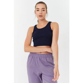 Tommylife 97160 İndigo Basic Sıfır Kol Dar Kalıp U Yaka Kadın Crop Top Atlet