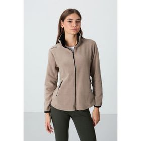 Tommylife 97173 Koyu Bej Dik Yaka Fermuarlı Rahat Form Kadın Polar Sweatshirt