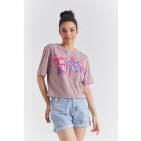 Tommylife 97212 Gül Kurusu Renkli Yazı Baskılı O Yaka Oversize Kadın T-shirt
