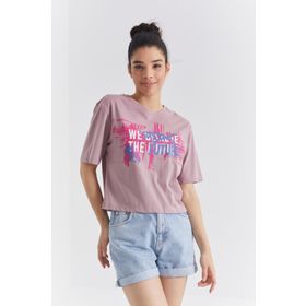 Tommylife 97212 Gül Kurusu Renkli Yazı Baskılı O Yaka Oversize Kadın T-shirt