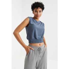 Tommylife 97226 Petrol O Yaka Kolsuz Beli Lastikli Bürümcük Kumaş Crop Top Kadın T-Shirt
