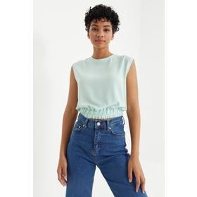 Tommylife 97226 Su Yeşili O Yaka Kolsuz Beli Lastikli Bürümcük Kumaş Crop Top Bayan T-Shirt