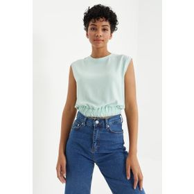 Tommylife 97226 Su Yeşili O Yaka Kolsuz Beli Lastikli Bürümcük Kumaş Crop Top Bayan T-Shirt