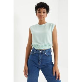 Tommylife 97226 Su Yeşili O Yaka Kolsuz Beli Lastikli Bürümcük Kumaş Crop Top Bayan T-Shirt