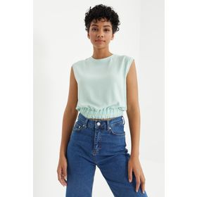 Tommylife 97226 Su Yeşili O Yaka Kolsuz Beli Lastikli Bürümcük Kumaş Crop Top Bayan T-Shirt