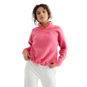 Tommylife 97234 Siyah Yarım Fermuar Etek Ucu Büzgülü Dik Yaka Oversize Kadın Polar Sweatshirt