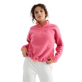 Tommylife 97234 Siyah Yarım Fermuar Etek Ucu Büzgülü Dik Yaka Oversize Kadın Polar Sweatshirt