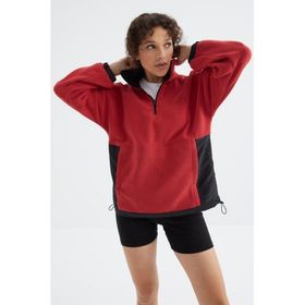 Tommylife 97236 Fiesta Yarım Fermuar Etek Ucu Büzgülü Dik Yaka Oversize Kadın Polar Sweatshirt