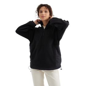 Tommylife 97236 Siyah Yarım Fermuar Etek Ucu Büzgülü Dik Yaka Oversize Kadın Polar Sweatshirt