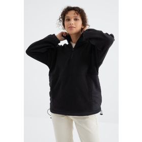 Tommylife 97236 Siyah Yarım Fermuar Etek Ucu Büzgülü Dik Yaka Oversize Kadın Polar Sweatshirt