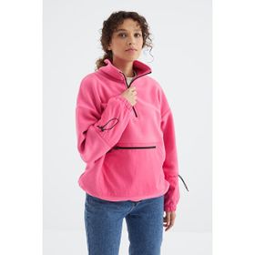 Tommylife 97238 Limon Etek Ucu Büzgülü Yarım Fermuarlı Oversize Kadın Polar Sweatshirt