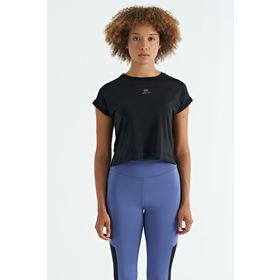 Tommylife 97262 Siyah Logo Baskılı O Yaka Düşük Kol Oversize Crop Bayan T-Shirt