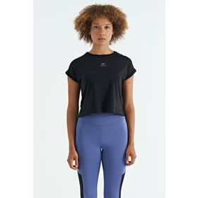 Tommylife 97262 Siyah Logo Baskılı O Yaka Düşük Kol Oversize Crop Bayan T-Shirt