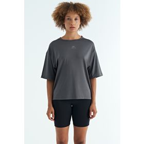 Tommylife 97263 Koyu Gri O Yaka Baskı Detaylı Oversize Kısa Kol Kadın T-Shirt