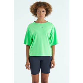 Tommylife 97263 Neon Yeşil O Yaka Baskı Detaylı Oversize Kısa Kol Kadın T-Shirt