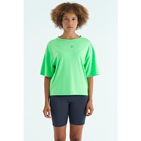 Tommylife 97263 Neon Yeşil O Yaka Baskı Detaylı Oversize Kısa Kol Kadın T-Shirt
